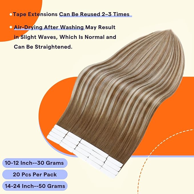 Full Shine Tape In Hair Extensions Real Human Hair Double Sided 12 Inch Short Tape Ins Color 6 Chestnut Brown to 60 Platonum Blonde Ombre Balayage Tape in Extensions 20 Pcs 50g Straight Hair for Women
