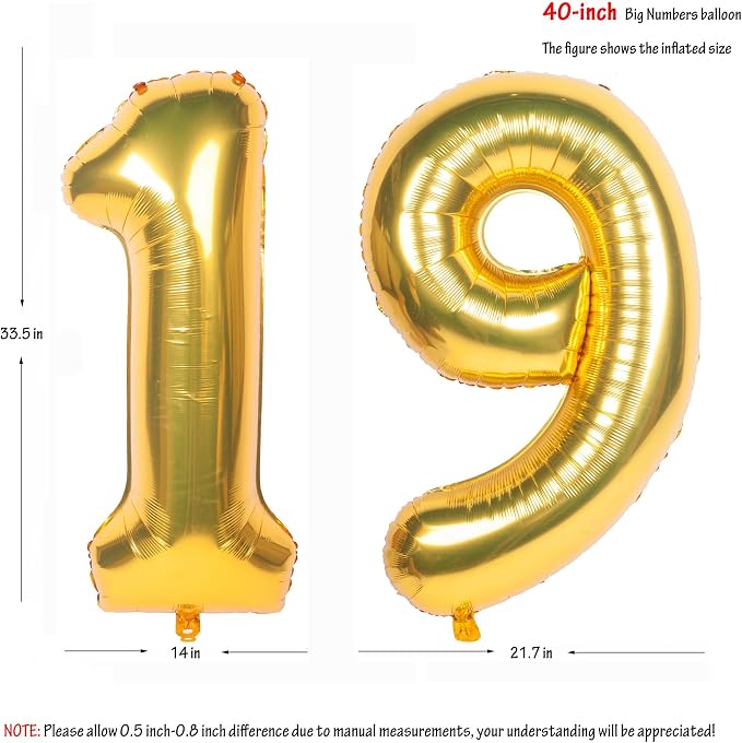 40 Inch gold Number Balloons 19 Helium Foil Mylar Balloon | Birthday Party - Image 2