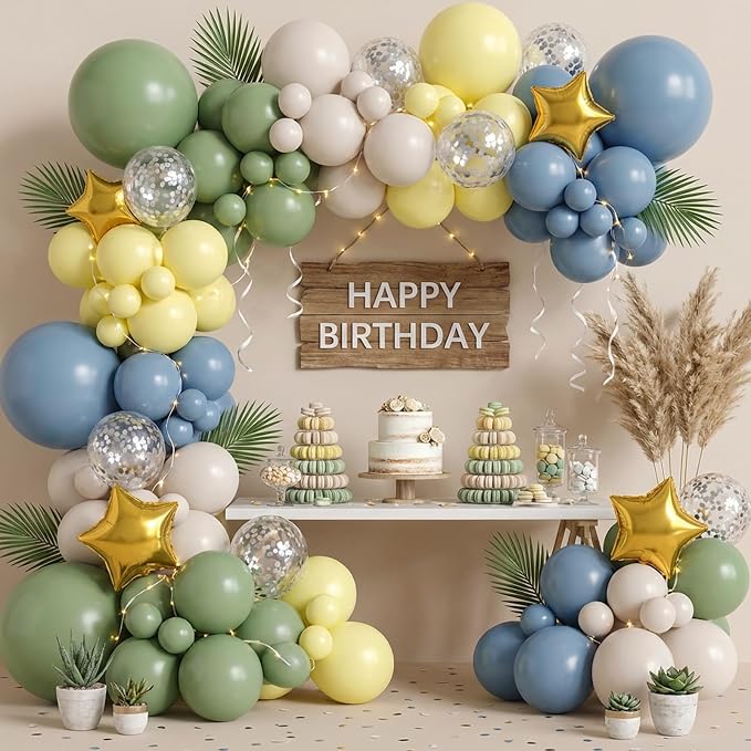 RUBFAC Sage Green Dusty Blue Yellow Balloons, Party Balloon Pastel Yellow - Image 7