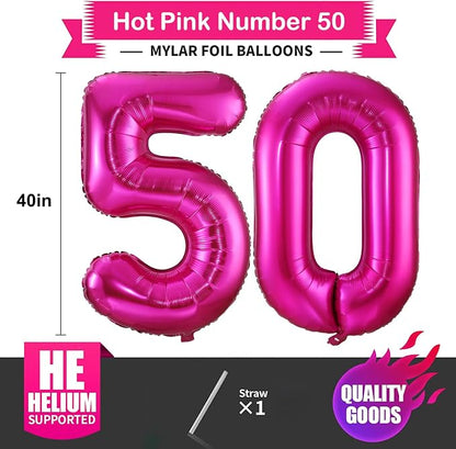 Hot Pink 50 Balloon Numbers, 40 Inch 50 Birthday Balloon Foil Mylar Number 50 - Image 2