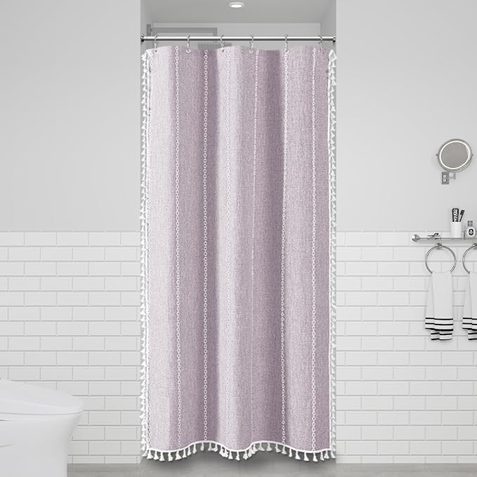 Small Boho Linen Heavy Duty Cloth Shower Curtain Set, Lavender | Stall Size - Image 2