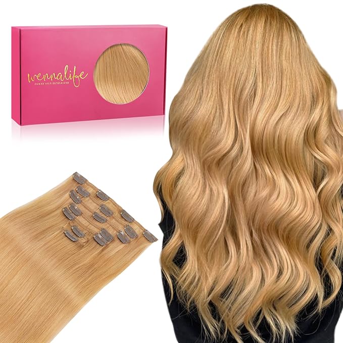 WENNALIFE Clip in Hair Extensions Real Human Hair, 14 Inch 120g 7pcs Human Hair Extensions Clip In Human Hair, Strawberry Blonde Hair Extensions Clip In Real Hair Coloured Remy Human Hair Extensions
