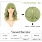 FAELBATY Green Wave Bob Wigs With Bangs Synthetic Cosplay Wig for Girl Shoulder Length Wig for women Costume Wigs(12" Light Jade Green)