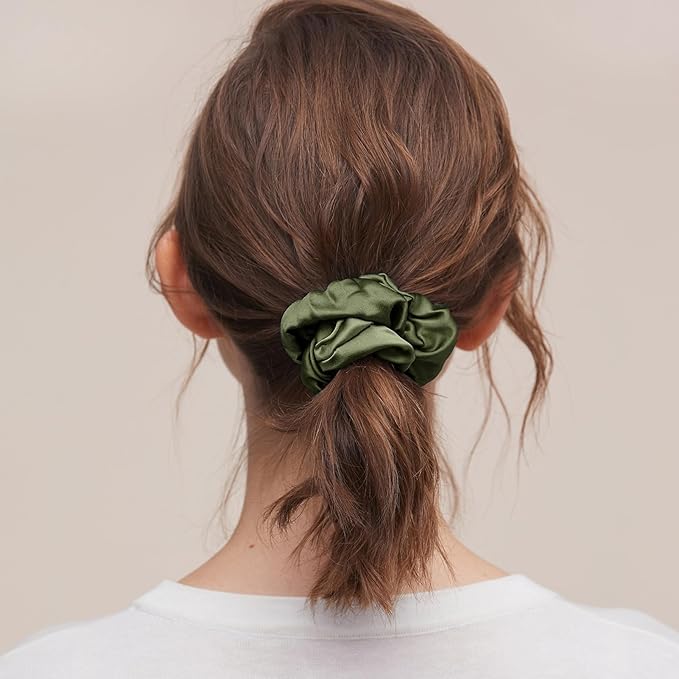 LILYSILK Silk Hair Scrunchies Ties for Frizz & Breakage Prevention 100% Mulberry Elastic Ponytail Holder 5PC (pale green+olive+dark green+avocado+black)