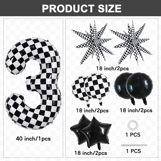TONIFUL 3rd Birthday Balloons Kit 40 Inch Checkered Number 3 Foil Balloon | - Image 2
