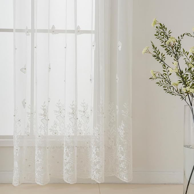 White Voile Curtains, Decorative White Embossed Butterflies Rod Pocket Window - Image 2
