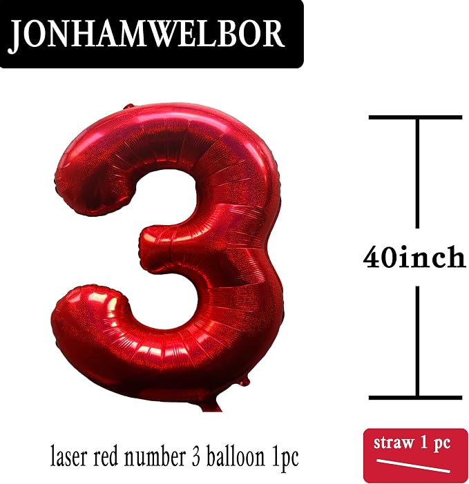 Jonhamwelbor 40 Inch Laser Red Number 3 Balloon Foil Mylar Giant Balloon - Image 2