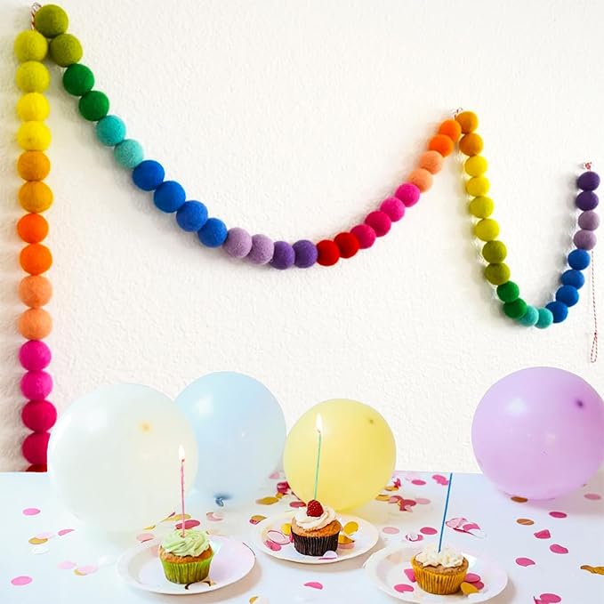 Colorful Wool Felt Ball Banner Garland, Handmade Rainbow Pom Pom Garland | 6.56 - Image 2