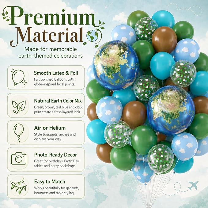 Earth Balloons, 12 Inch Green Brown Blue Cloud Print Balloons - Image 3
