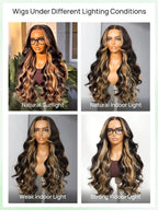 KLAIYI Ombre Highlight Blonde Loose Body Wave Bye Bye Knots Glueless Wigs Human Hair 7x5 Precut Lace Front Pre Plucked Bleached Ready to Wear Go Wig with Face Framing Curtain Bang Caramel Brown 22Inch