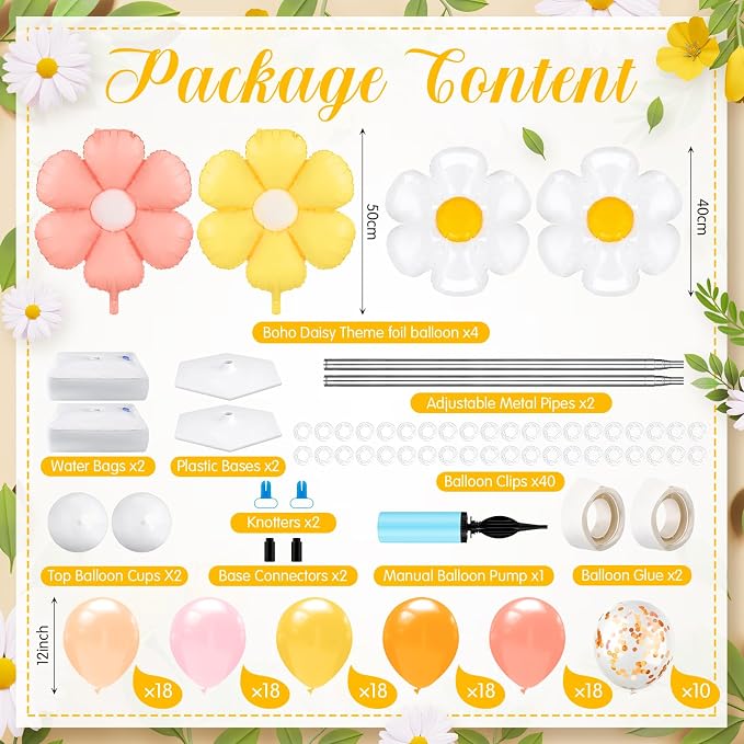 Kasyat 2 Sets Groovy Balloon Column Stand Kit Boho Daisy Macaron Pink Yellow - Image 2