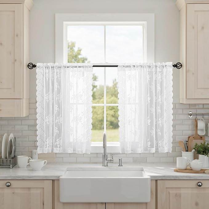 Kotile White Lace Kitchen Curtains Rustic Floral W42 x L30 Inch, 2 Panels | Rod by Kotile+Curtains