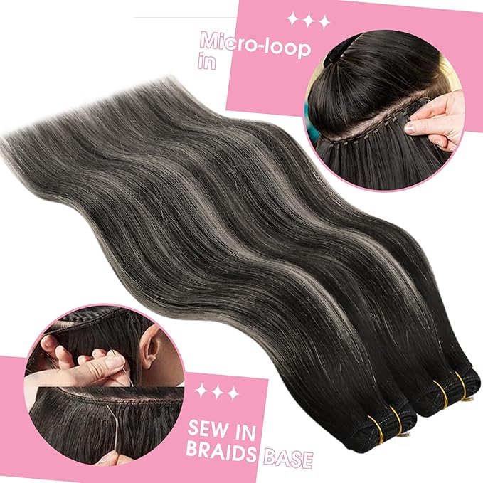 YoungSee 130G Weft Hair Extensions Ombre Black Sew in Hair Extensions Black Ombre Silver Blonde Balayage Sew in Hair Extensions Real Human Hair 24Inch