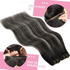 YoungSee Weft Hair Extensions Black Silver Sew in Hair Extensions Real Human Hair Balayage Black Grey One Piece Hair Extension Sew in 100g 20inch