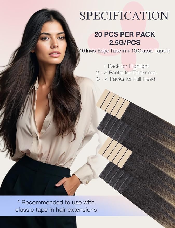 DOORES Invisi Edge Tape in Extensions Human Hair, Dark Brown to Dirty Blonde 10 Injection Tape-ins with 10 Classic Tape-ins 50g 18 Inch, Injection Tape in Extensions Thick Ends
