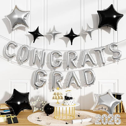 Congrats Grad Balloons, 16 Inch Black Silver Congrats Grad Letters Banner by FunHot
