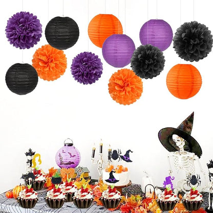 Purple-Orange Black Party-Decorations Paper-Flowers Lanterns - Image 3