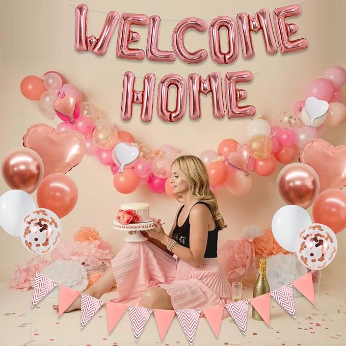 TONIFUL 16 Inch Rose Gold Welcome Home Foil Letter Balloon Banner Decor Kit | - Image 4