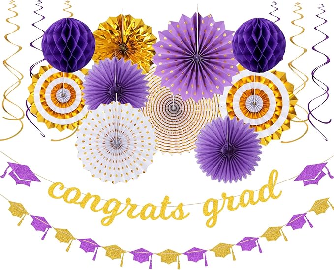 Purple-White Gold Party-Decorations Graduation Banner-Streamers by Panduola