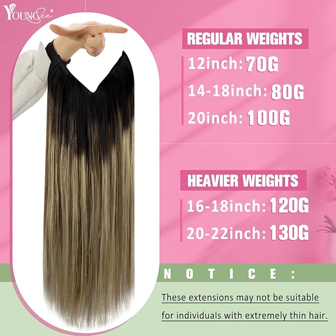 YoungSee Wire Hair Extensions Real Human Hair Balayage Invisible Wire Hair Extensions with Extra Clips Dark Brown Ombre Medium Brown with Blonde One Pieces Hair Extension 18In 80G