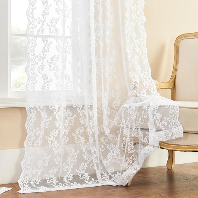 FOLKSIDE White Lace Curtains 54 Inch Length 2 Panels Set Paisley Floral Curtains - Image 5