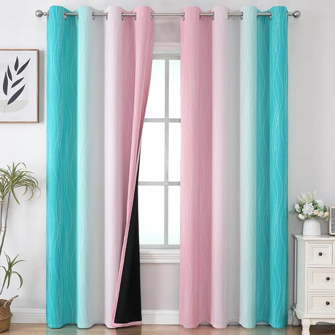 Pink and Teal Blackout Curtains 102 Inch Length 2 Panels Set, Thermal Insulated by ESTELARTEXTILER