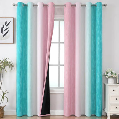 Pink and Teal Blackout Curtains 102 Inch Length 2 Panels Set, Thermal Insulated by ESTELARTEXTILER