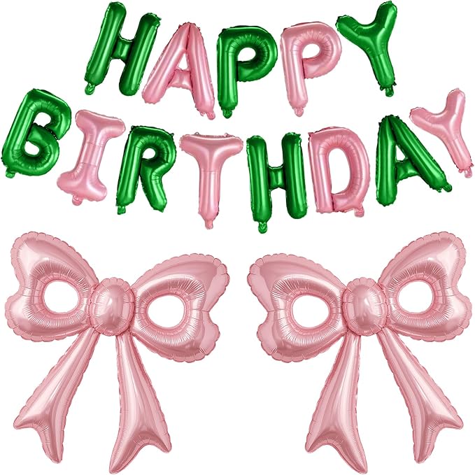 Pink and Green Happy Birthday Balloons, 31”Huge Pink Bow Aluminum Foil Balloons by BSRESIN