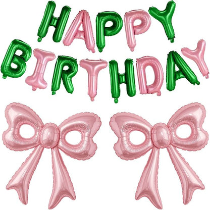 Pink and Green Happy Birthday Balloons, 31”Huge Pink Bow Aluminum Foil Balloons by BSRESIN