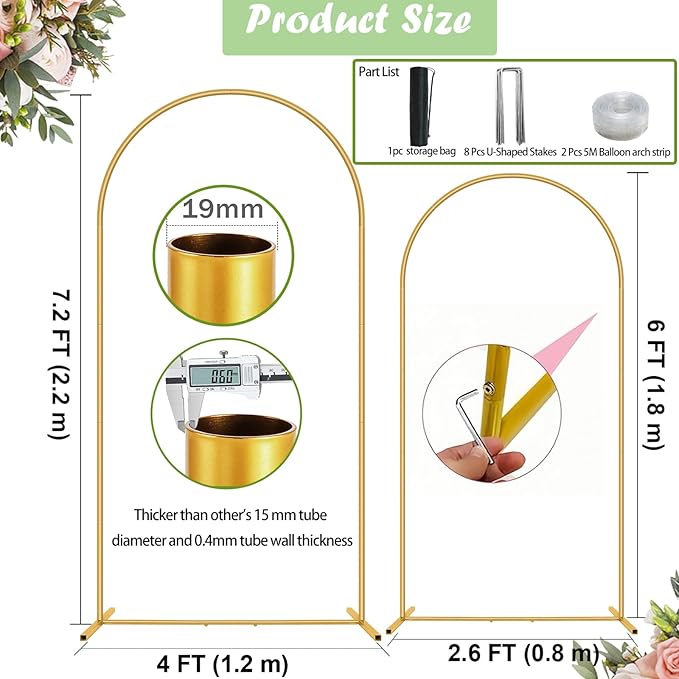 2 Pack Metal Arch Backdrop Stand 7.2FT, 6FT Wedding Balloon Floral Frame | - Image 3