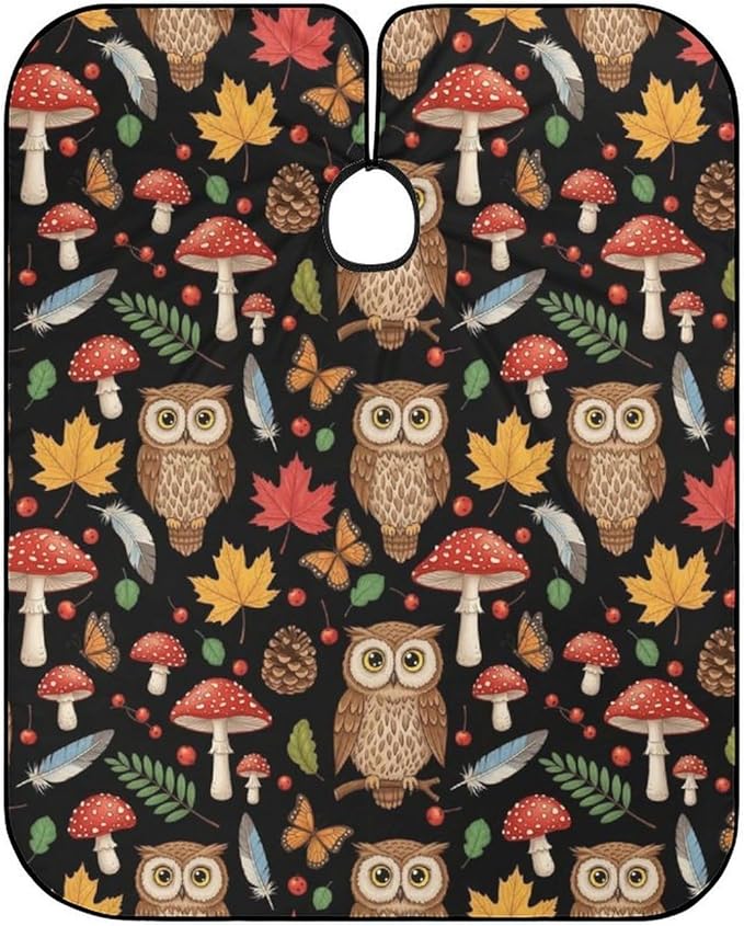 Men Women Adults Floral Owls Fall Leaves Mushroom Hair Dressing Gown Cape, Extra Large Hairdressing Apron for Barber Salon, Easy Clean