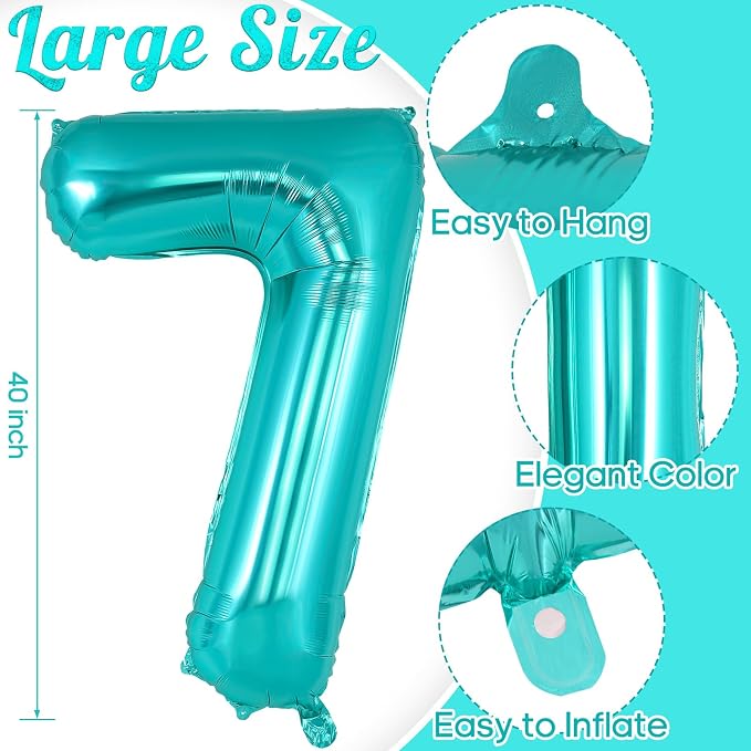 Teal Blue Number 7 Balloon, 40 Inch Big Large Foil Helium Number Balloons - Image 2