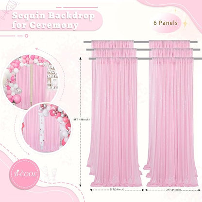 Pink Sequin Curtains Backdrop 6 Pcs 2FTx8FT Shiny Shimmer Fabric | Glitter - Image 4