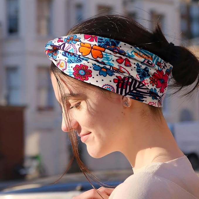 DRESHOW 6 Pack Boho Non-Slip Headbands for Women Girls Yoga Workout Running Knotted Turban Floral Printed Elastic Head Wrap