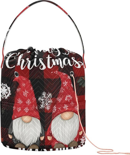 Red and Black Checkered Christmas Gnomes Yarn Bag Small Crochet Bag Drawstring by Tatenale