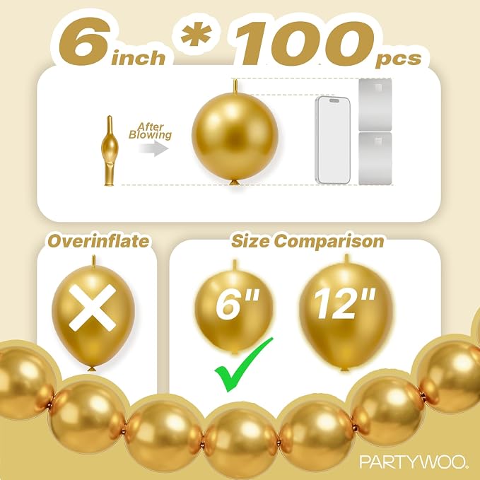 PartyWoo Metallic Gold Linking Balloons 100pcs 6 Inch Gold Link Balloons | - Image 4