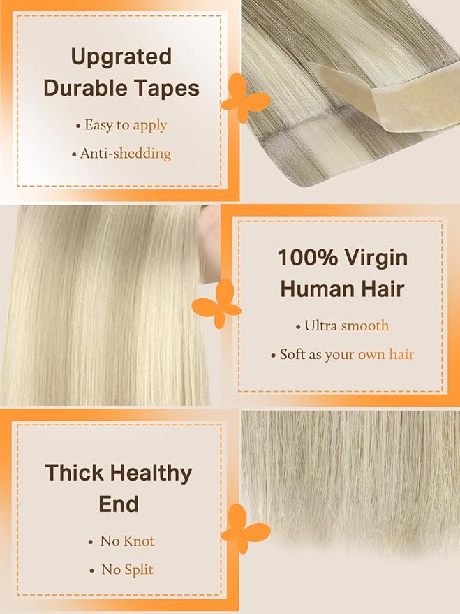 DOORES Hair Extensions Real Human Hair, Ash Blonde Highlighted Platinum Blonde 20 Inch 100g 40pcs, Tape in Remy Hair Extensions Straight Natural Hair for Women Skin Weft