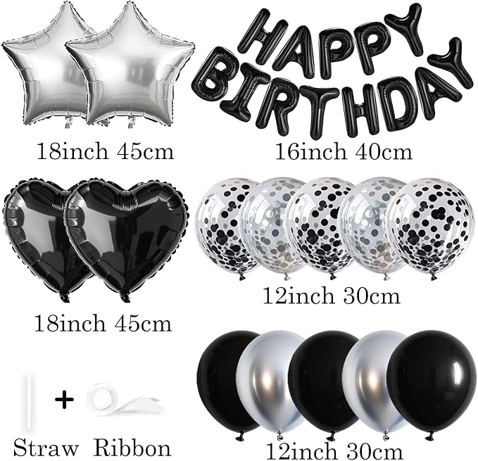 27 Pcs Black Silver Birthday Decorations, 3D Letters Black Happy Birthday - Image 2
