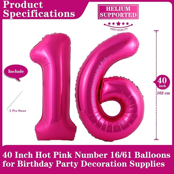 Hot Pink 16 Number Balloons, 40 Inch Giant Number 16 Balloons Foil Mylar Helium - Image 2