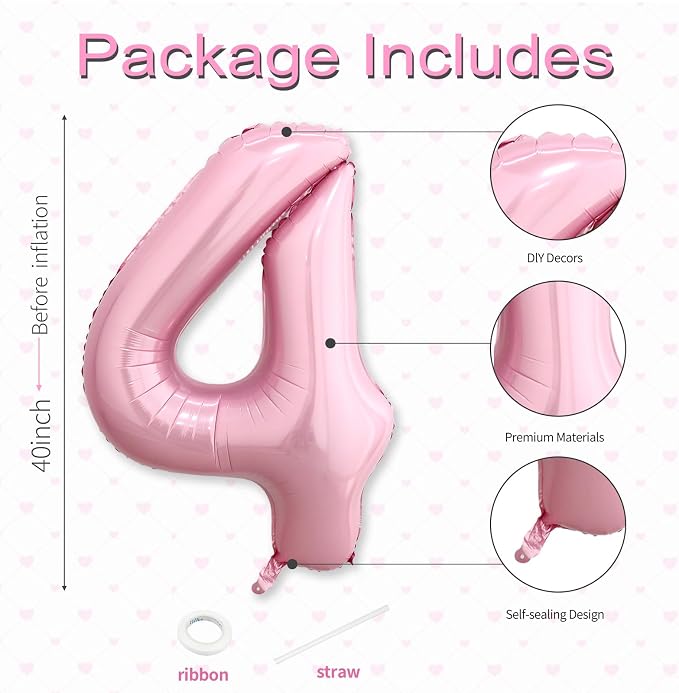 40 Inch Pink Number 4 Balloon, Giant Number Balloons, Birthday Decorations | - Image 3