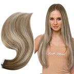 Full Shine Invisible Tape in Hair Extensions 18Inch Remy Tape in Color Dark Brown 3 Fading to 8 and 22 Blonde Double Sided Real Human Hair Extensions 20 Pcs 50G Seamless Brazilian for Wedding