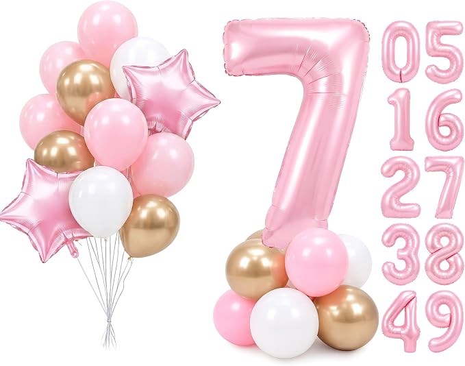 PartyWoo Number Balloons 40 Inch Pink Number 7 Kit 25pcs by PartyWoo