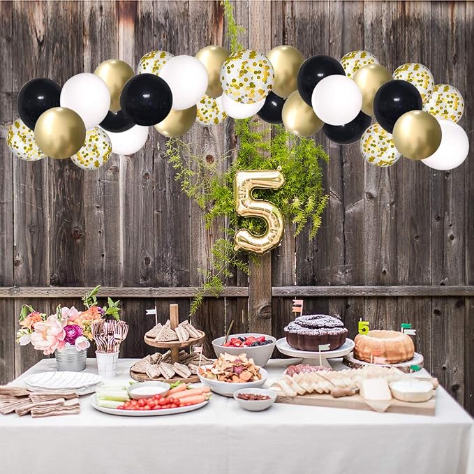 Black and Gold Confetti Balloons, 50 Pack 12inch White Latex Party Balloon Set - Image 5