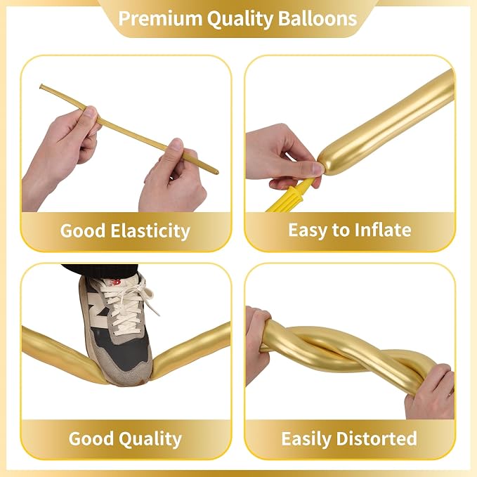 RUBFAC 260 Long Metallic Gold Twisting Balloons - Image 3