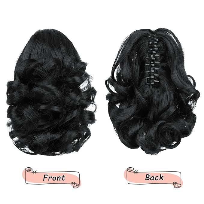 Ponytail Extension, Clip on Ponytails for Women, 9" Claw Clip in Short Curly Wavy Pony Hair Extension for Women - Black