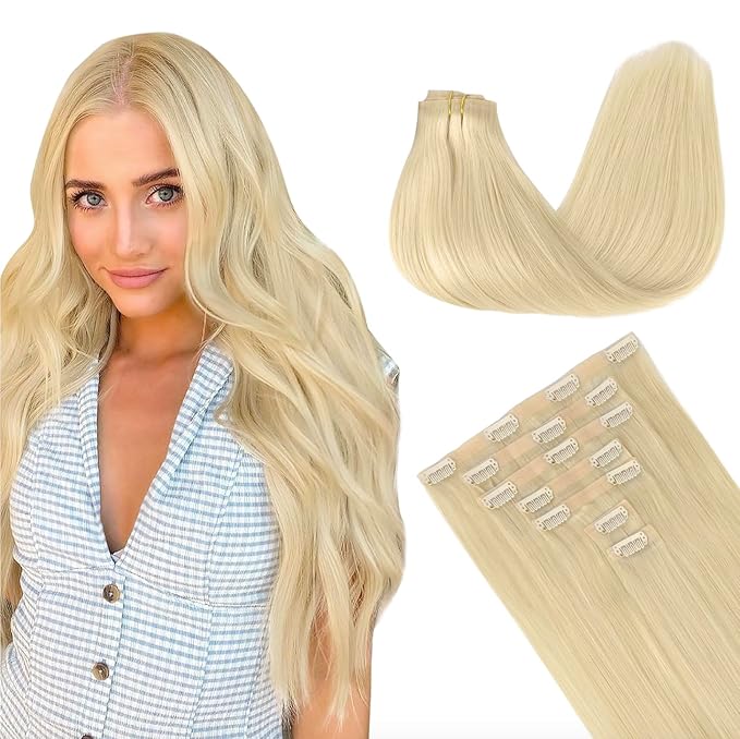 GOO GOO Clip in Hair Extensions Real Human Hair, Remy Human Hair Extensions Clip ins for Women, Natural Human Hair, 12inch 85g 7Pcs, #60A Platinum Blonde
