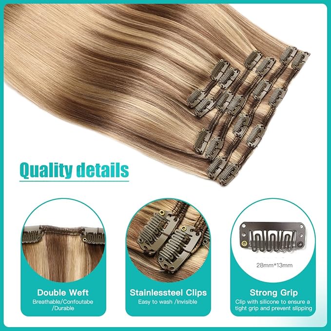 SURNEL Clip in Extensions Human Hair Balayage Golden Brown to Honey Blonde Clip in Hair Extensions 14 Inch 6pcs 100g(#10/27/27,14'')