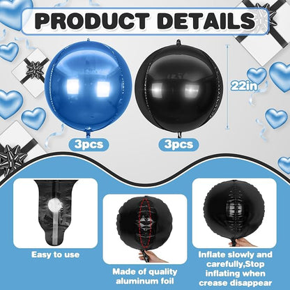 6Pcs Blue Black Round Foil Balloons, Giant 4D Round Ball Balloon, 22 Inch - Image 2