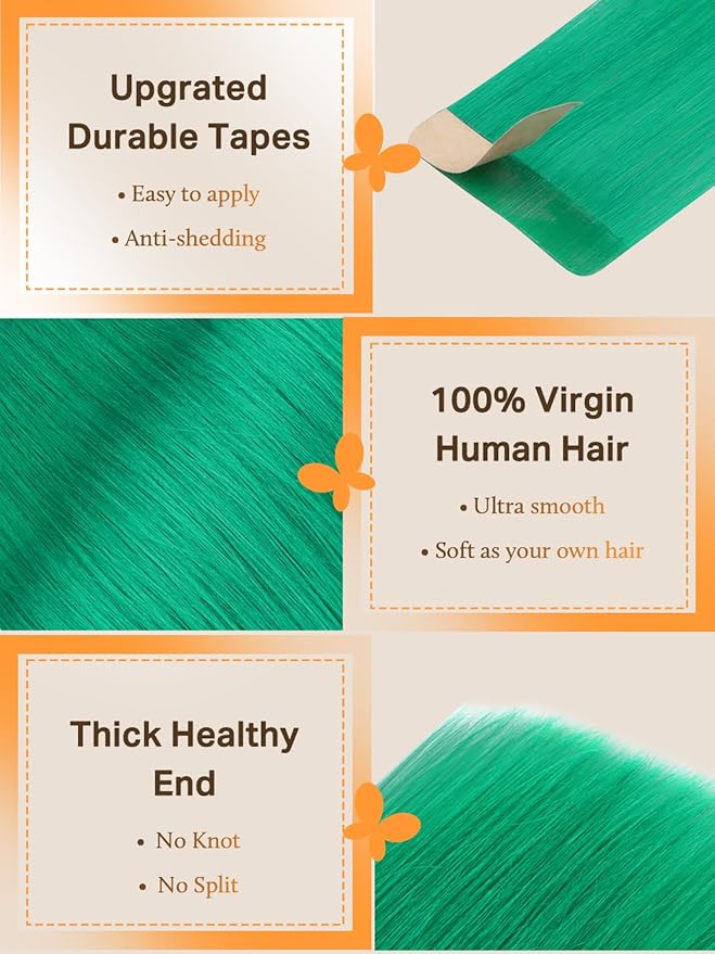 DOORES Human Hair Extensions, Green Tape in Hair Extensions 10pcs 22 Inch 30g, Straight Skin Weft Seamless Invisible Tape