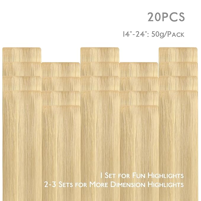 WENNALIFE Invisi Edge Tape in Hair Extensions Human Hair, 16 Inch 50g 20pcs Light Blonde Highlighted Golden Blonde Invisible Luxury Remy Hair Extensions Natural Seamless Injected Tape Ins Straight